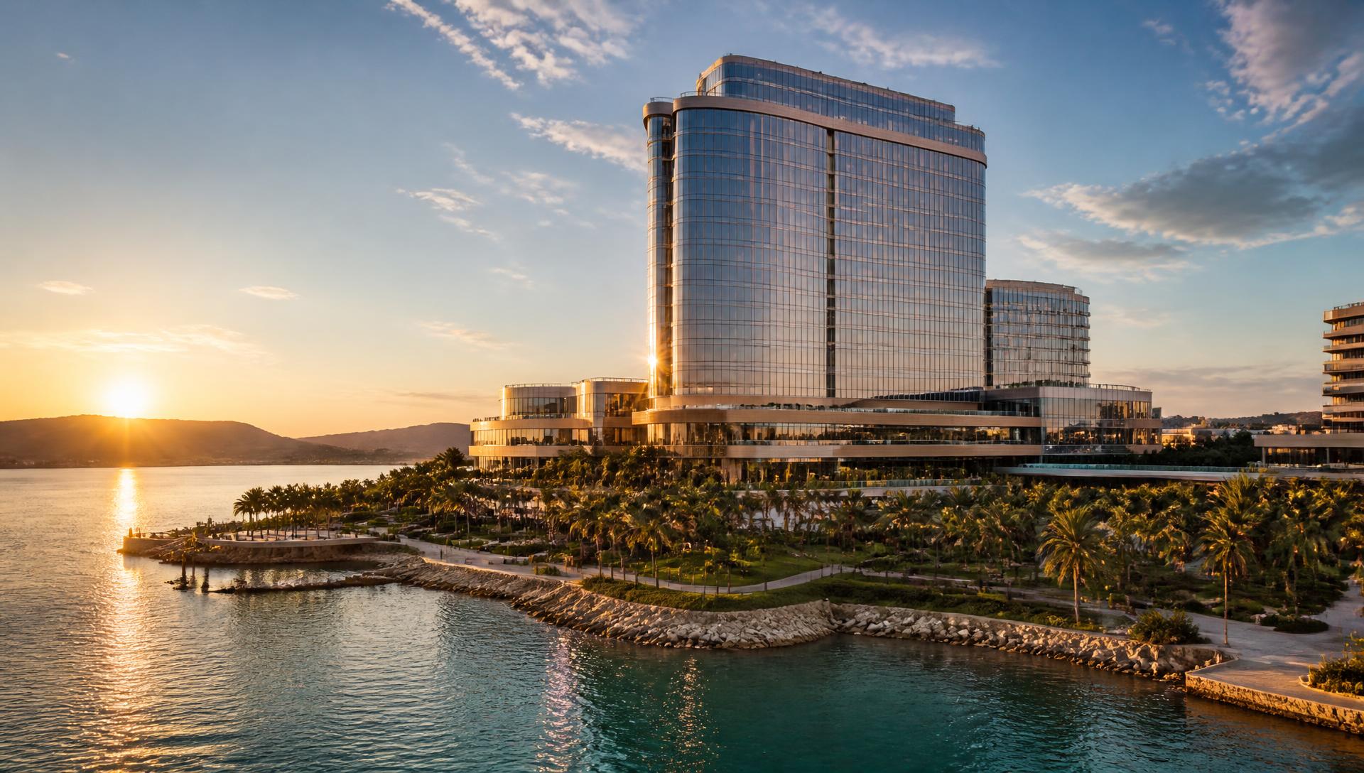 Architectural render of a casino resort hotel tower on the Athens Riviera coastline at sunset